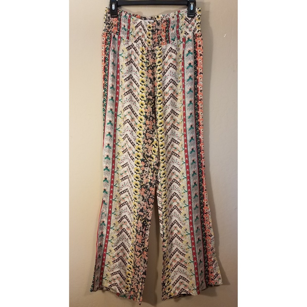 Oneill Pants Women L Large Wide Leg Floral Smocked Pullon Boho Beachy Resort